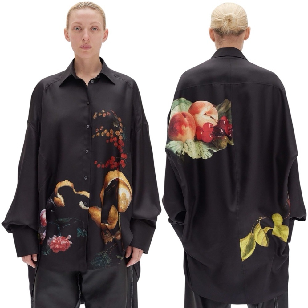CÉLINE BLACK SILK STILL LIFE PRINT OVERSIZED BLOUSE SHIRT SIZE 38 PHOEBE PHILO